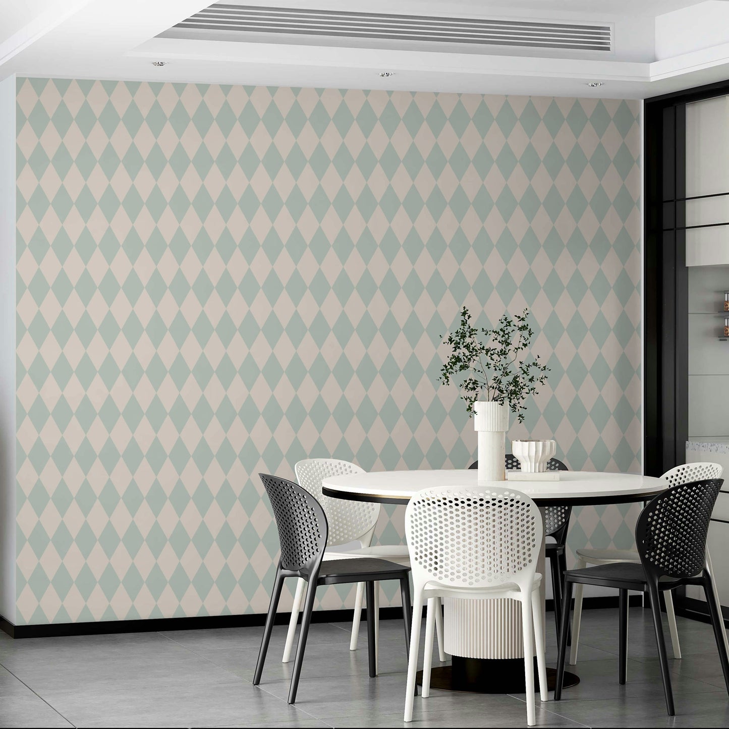 The wallpaper features a repeating diamond motif.

