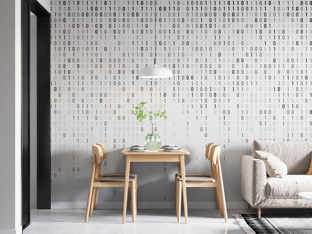 Digital Binary Code wallpaper mural of black and white 1s and 0s in a dining nook with wooden table and chairs
