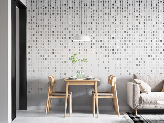 Digital Binary Code wallpaper mural of black and white 1s and 0s in a dining nook with wooden table and chairs