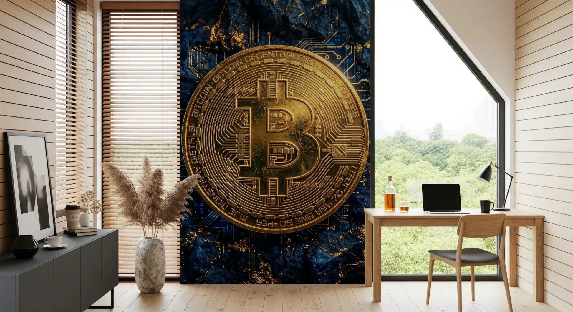Office room crypto wall mural with digital coin design