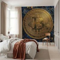 Bedroom digital gold wall mural with bitcoin and circuit pattern