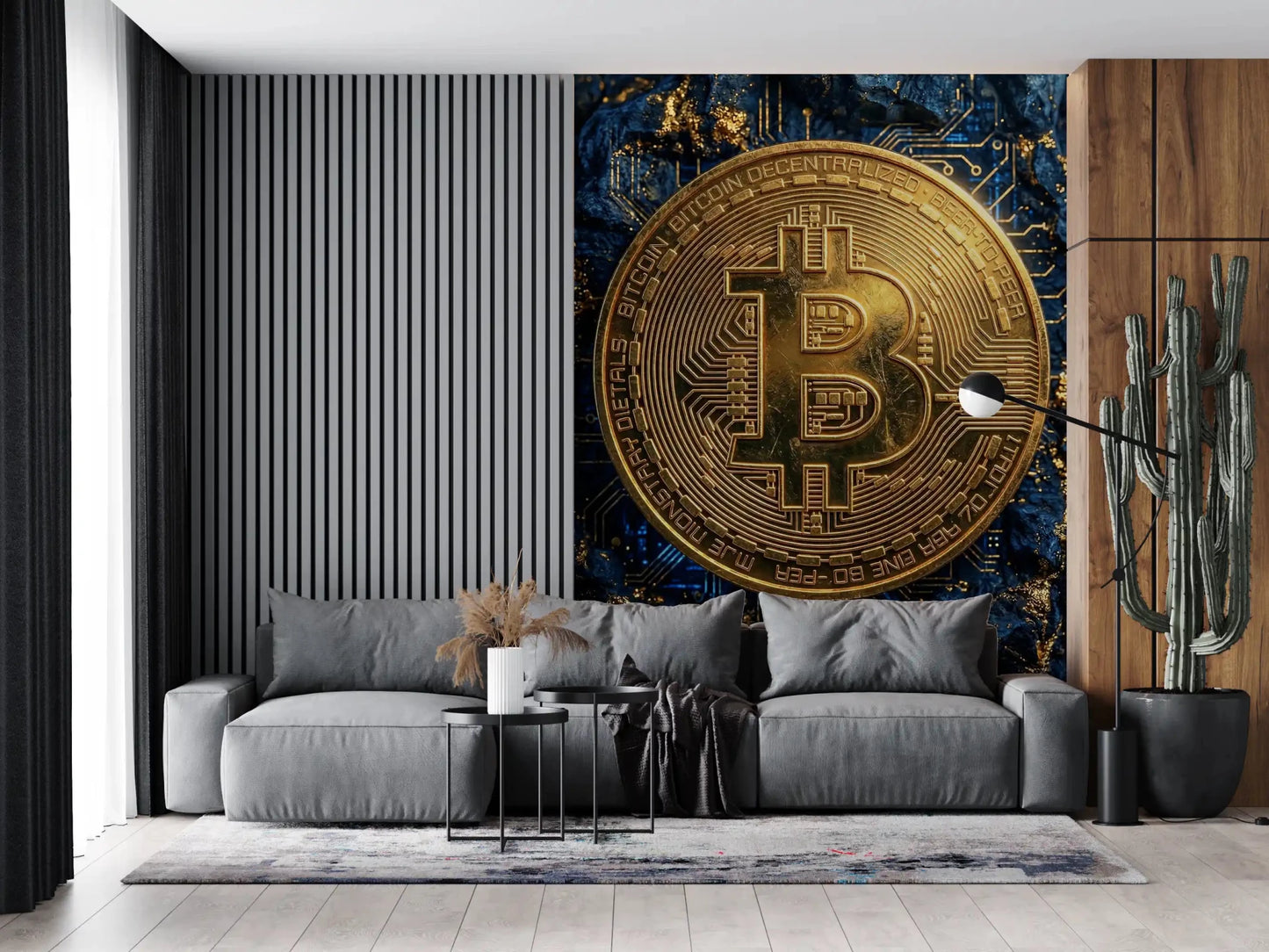 Living room bitcoin wall mural with gold coin and tech design