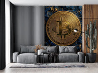 Living room bitcoin wall mural with gold coin and tech design