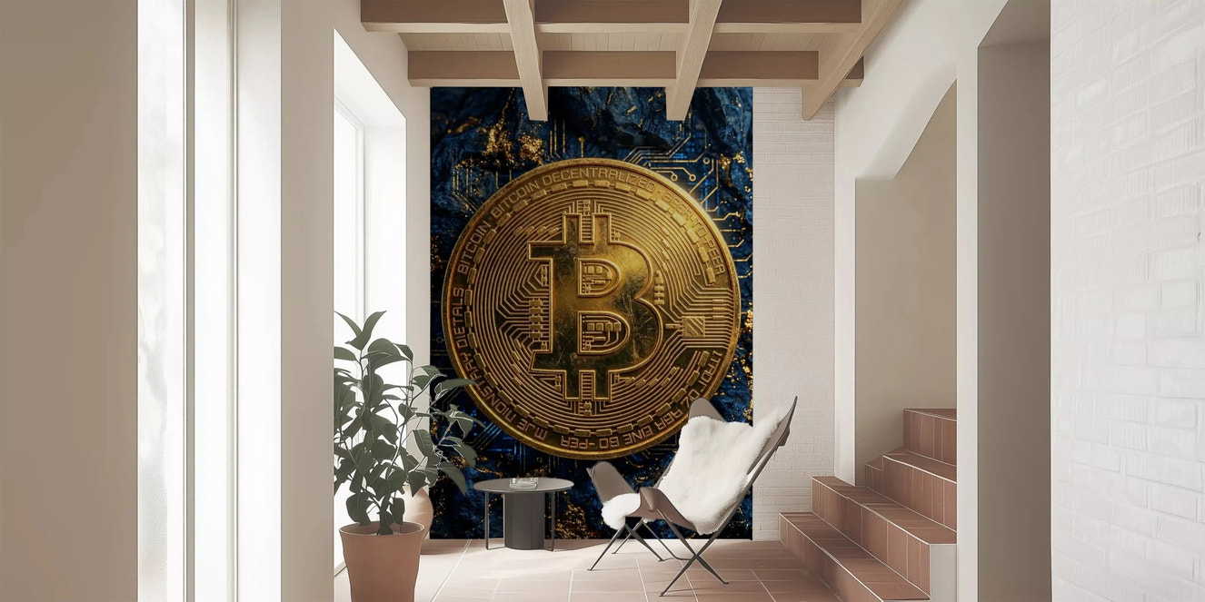 Hallway bitcoin tech wall mural with gold and blue texture
