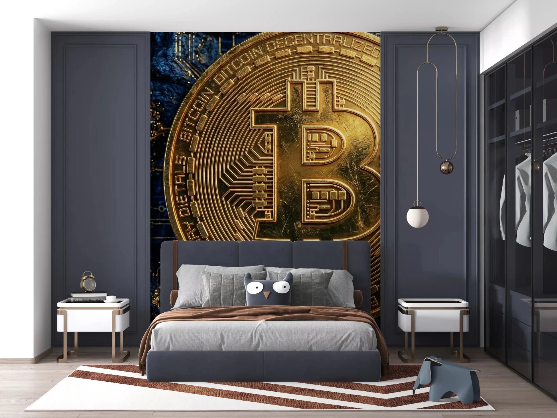 Gold bitcoin wall mural with dark blue tech background
