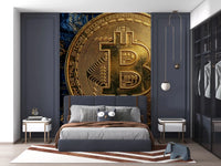 Gold bitcoin wall mural with dark blue tech background
