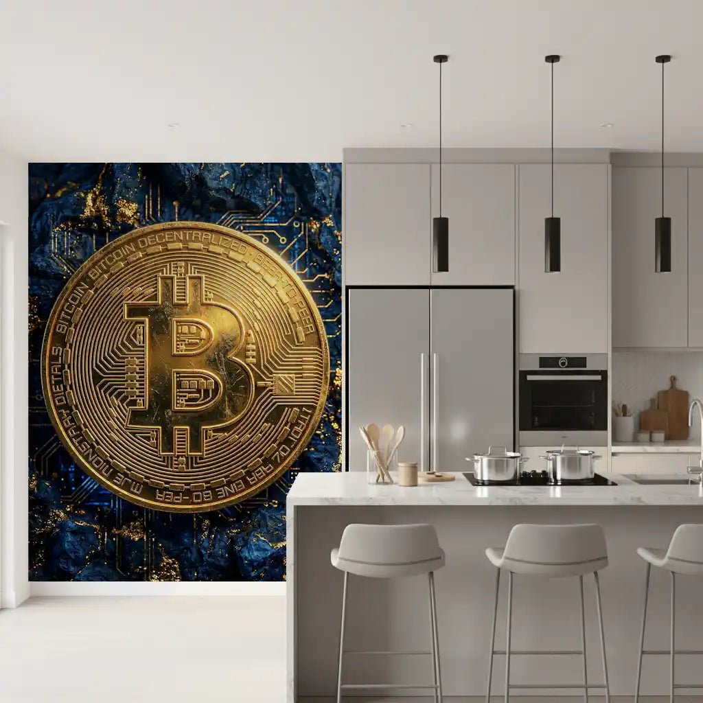 Modern bitcoin wall mural with blue digital texture