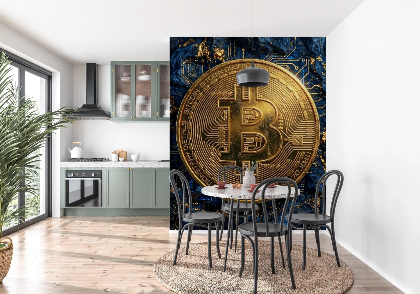 Bitcoin wall mural with circuit pattern and blue background
