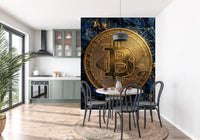 Bitcoin wall mural with circuit pattern and blue background