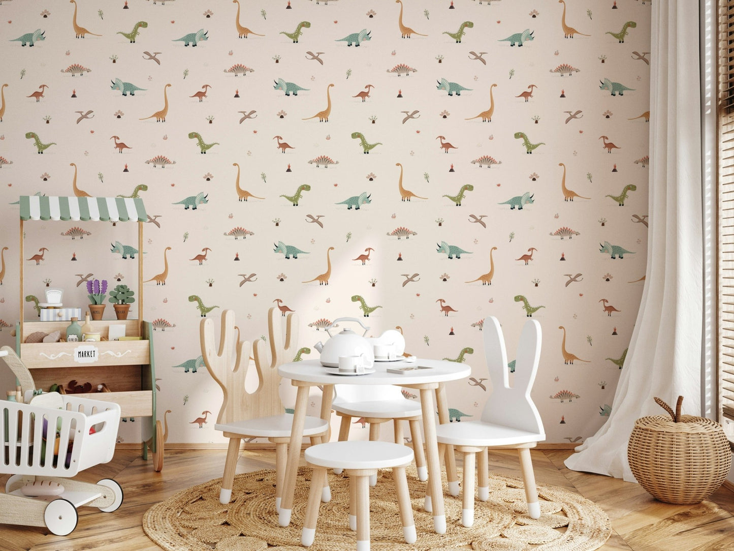 Minimalist wall mural showcasing various colorful Cretaceous period beasts.