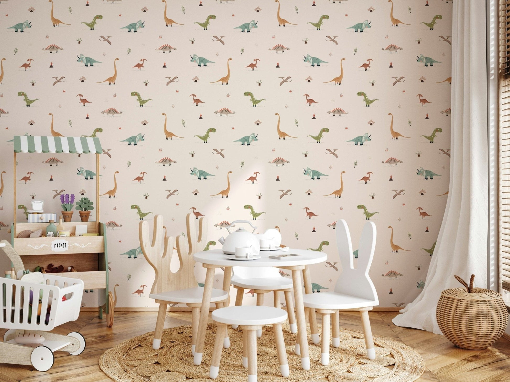 Minimalist wall mural showcasing various colorful Cretaceous period beasts.