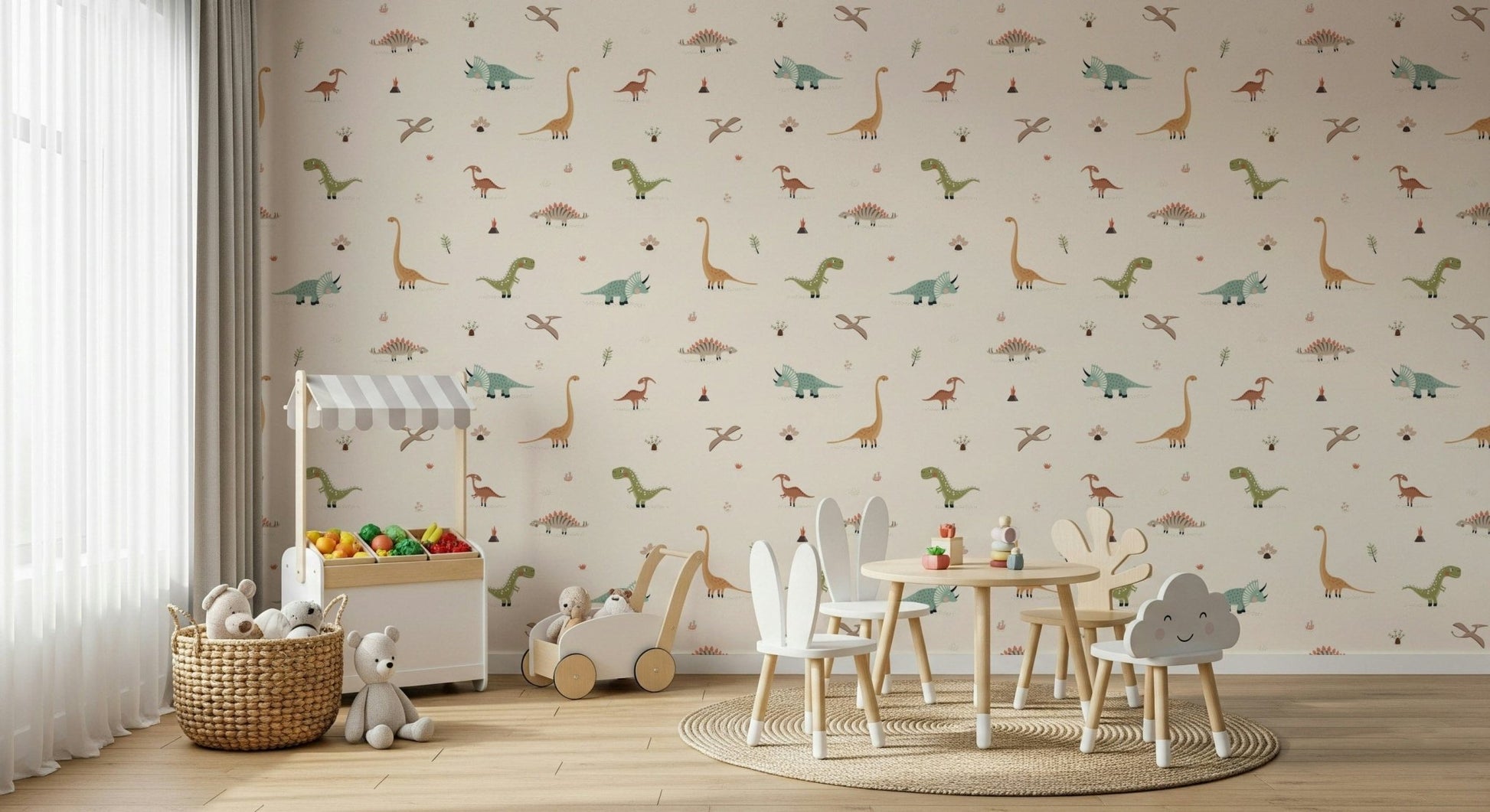 Friendly herbivore wall mural including Parasaurolophus and leafy shrubs.