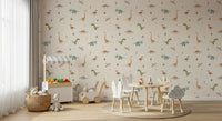 Friendly herbivore wall mural including Parasaurolophus and leafy shrubs.