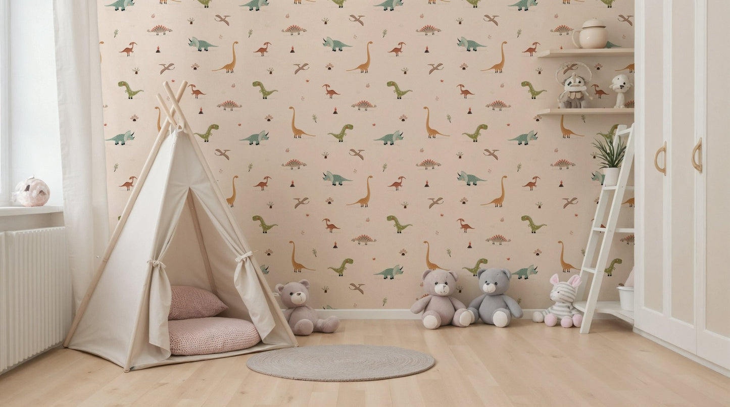 Dino Dreamland pattern featuring spiked Stegosaurus and desert plants.