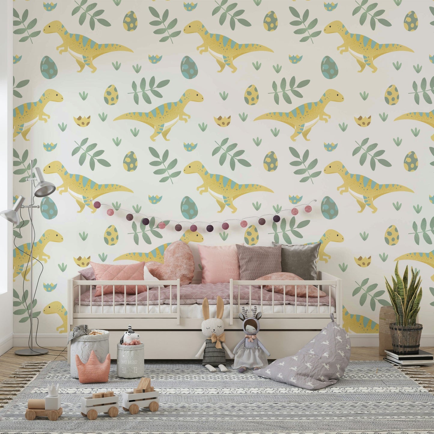 Pastel dinosaur wallpaper adding a joyful, adventurous vibe to nursery walls.