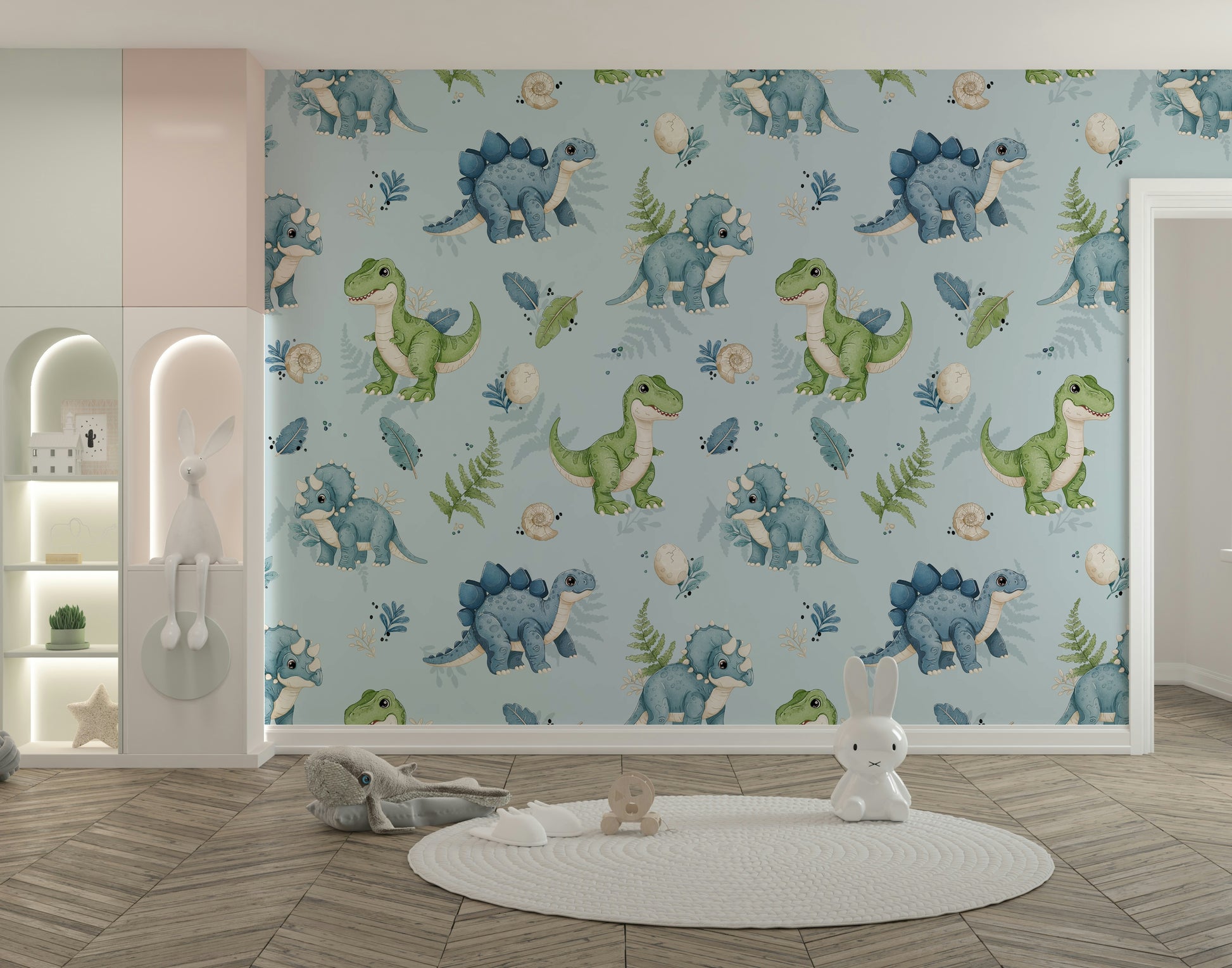 Blue dinosaur mural for toddler wall


