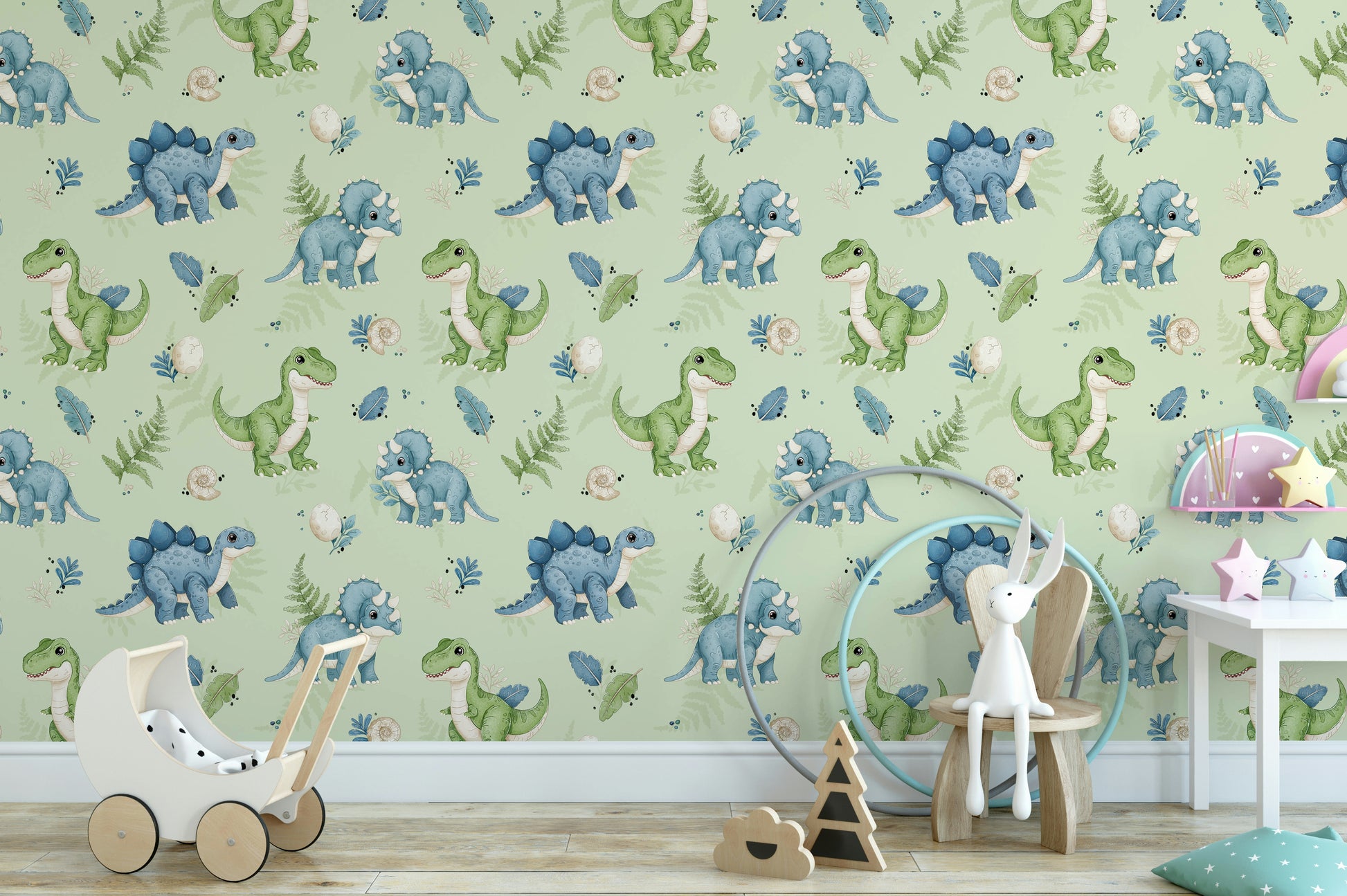 Fun dino pattern on light green wall

