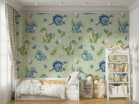 Dinosaur nursery wallpaper with mint tones

