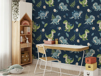 Green and blue dinosaurs on navy backdrop

