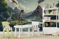 The design features friendly dinosaurs in a river valley landscape.

