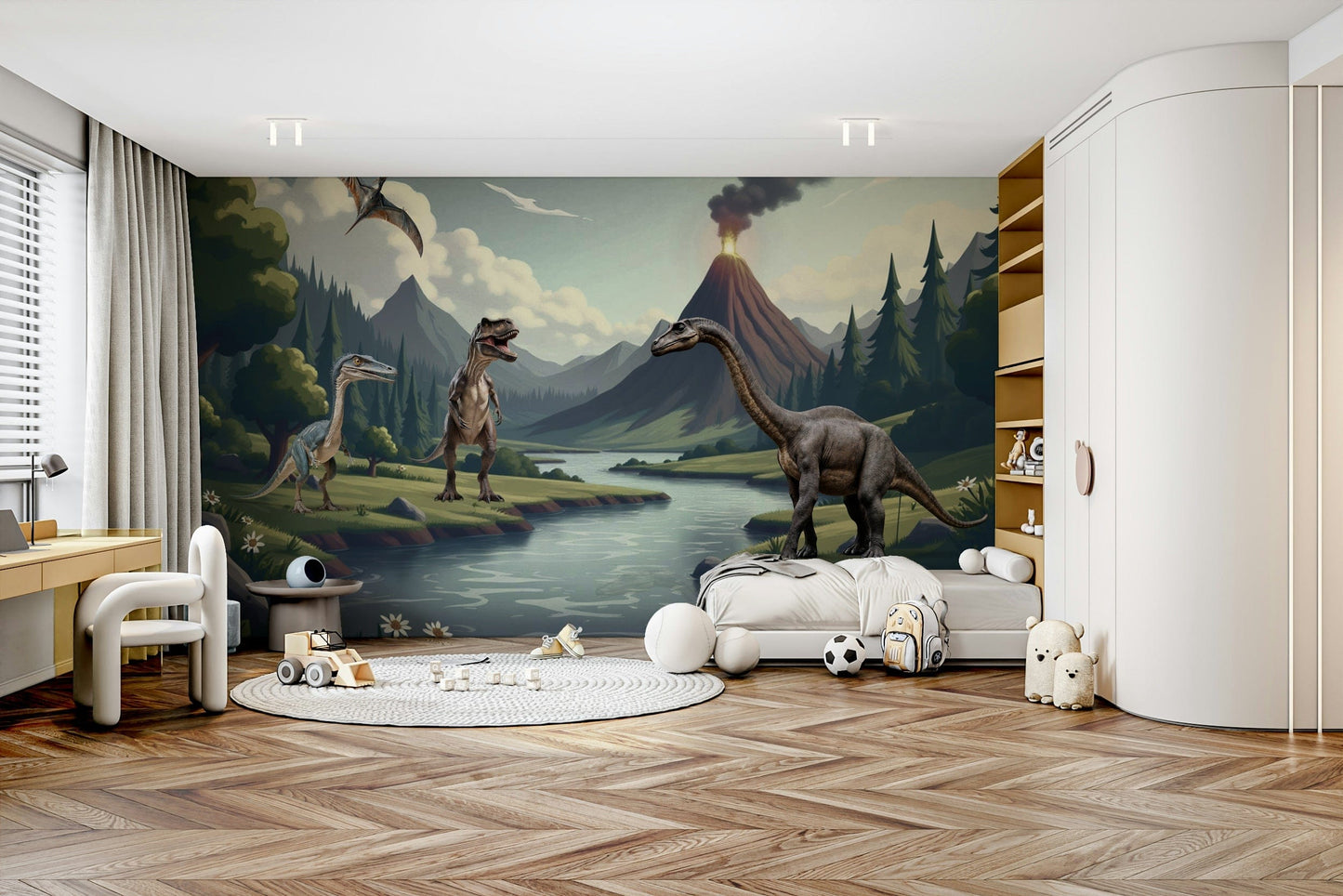 A cheerful wall mural with a whimsical, dinosaur design.

