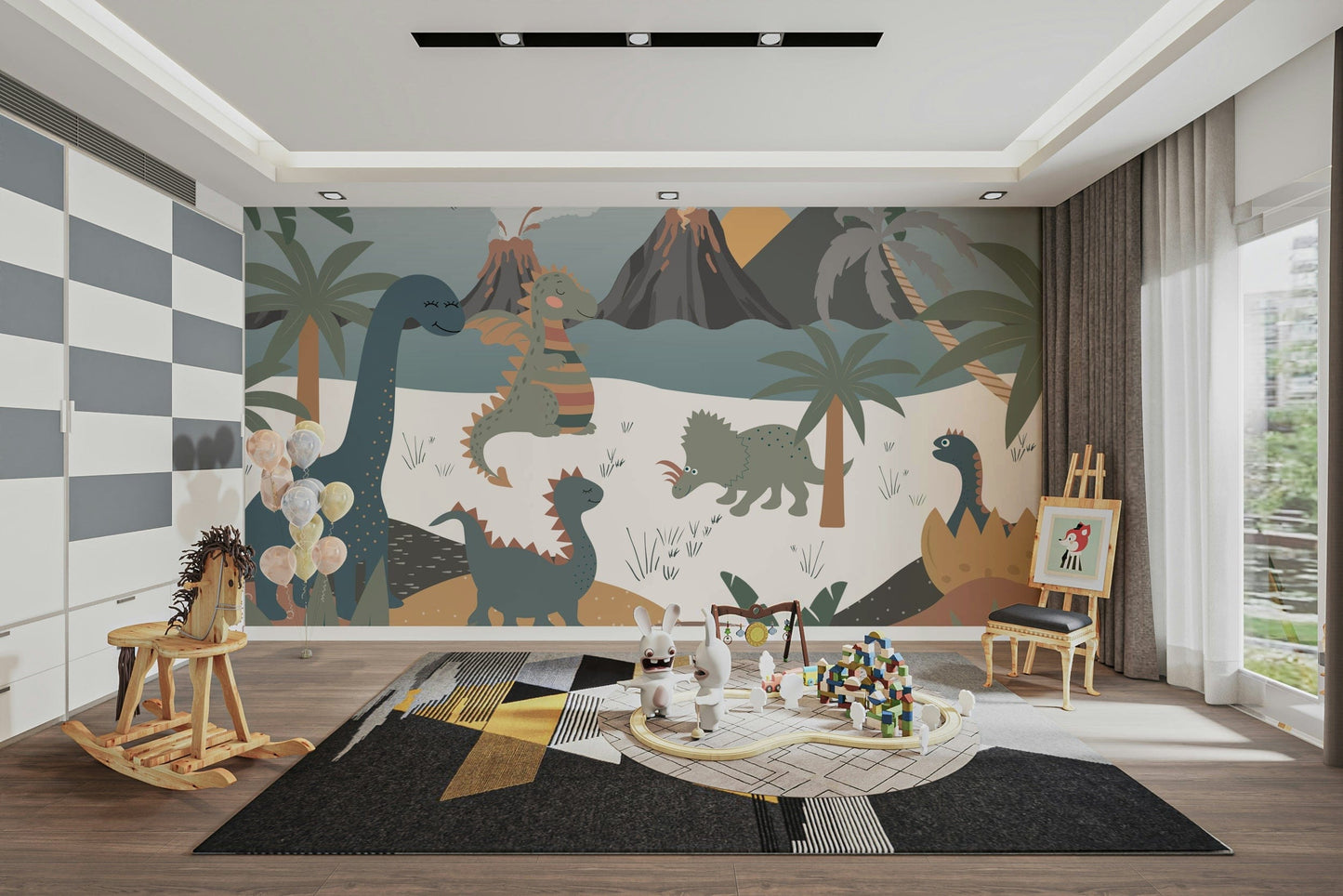 The design features friendly dinosaurs in a prehistoric jungle.

