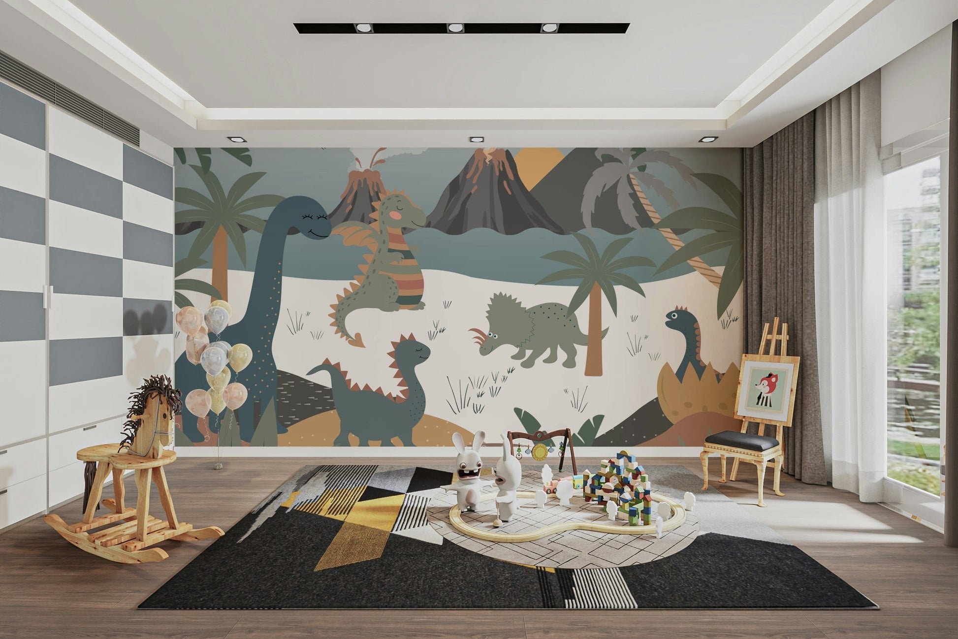 The design features friendly dinosaurs in a prehistoric jungle.

