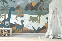 A peaceful wall mural with a whimsical dinosaur scene.

