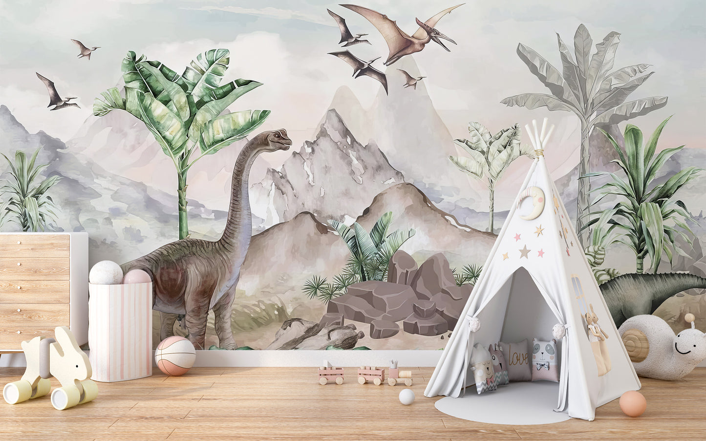 Cretaceous Chronicles mural of dinosaurs and tropical scenery behind a white teepee and wood dresser in a child's room