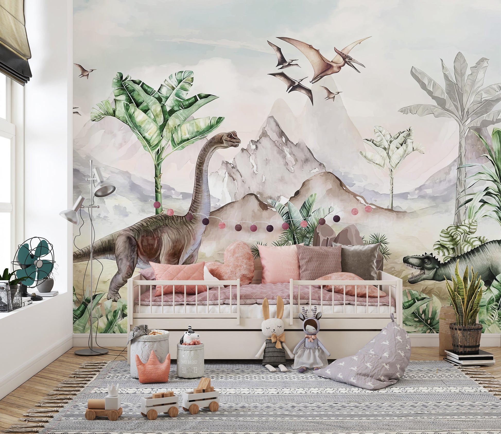 Cretaceous Chronicles mural with long-neck dinosaur and palms behind a cream daybed with pink pillows in a kids room