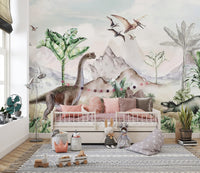 Cretaceous Chronicles mural with long-neck dinosaur and palms behind a cream daybed with pink pillows in a kids room