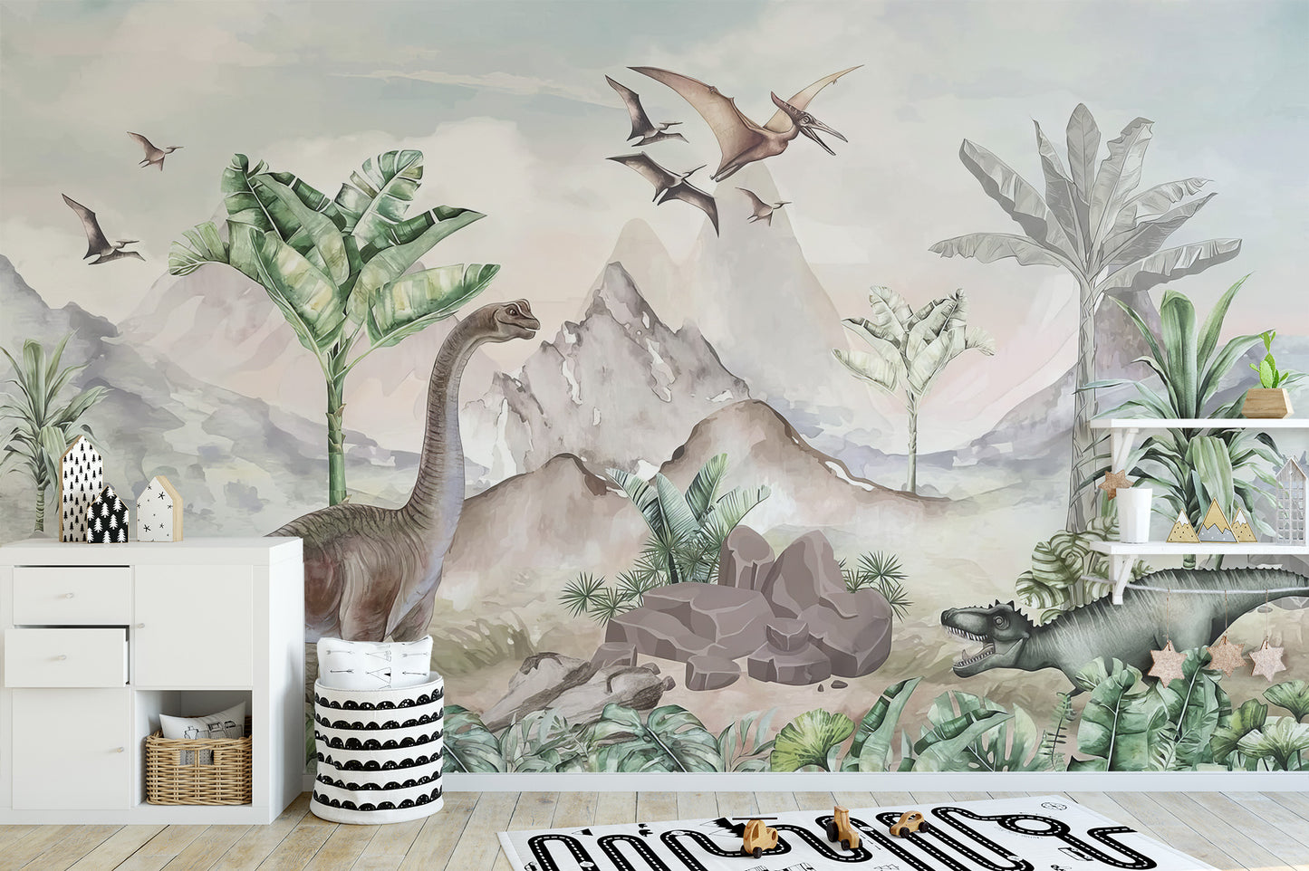 Cretaceous Chronicles mural with sauropod, pterodactyls and palms behind a white dresser and striped pouf in a kids room