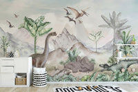 Cretaceous Chronicles mural with sauropod, pterodactyls and palms behind a white dresser and striped pouf in a kids room
