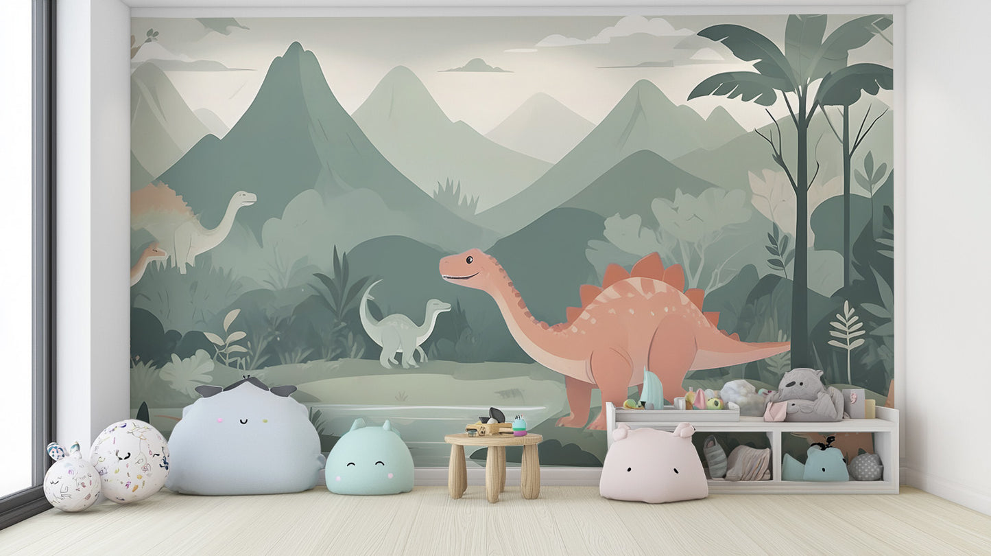 Temporary Kids Dinosaur wall Mural in a nursery with a round wooden crib and a white dresser.
