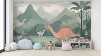 Temporary Kids Dinosaur wall Mural in a nursery with a round wooden crib and a white dresser.