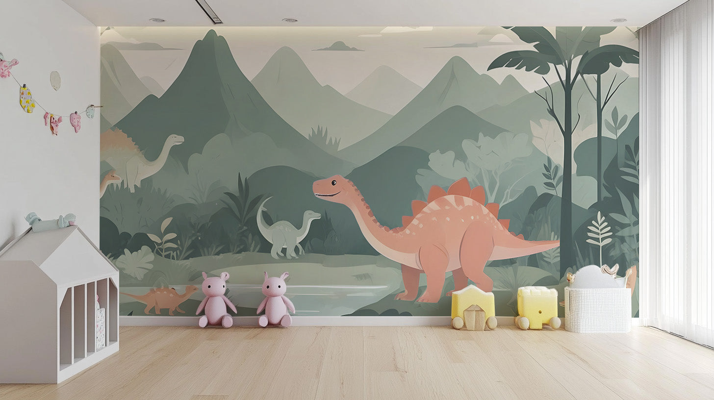 Standard finish Kids Dinosaur wall Mural in a nursery with blue storage bins and floor toys.