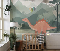 Close up of Kids Dinosaur wall Mural on premium canvas behind a nightstand with a bunny plush.