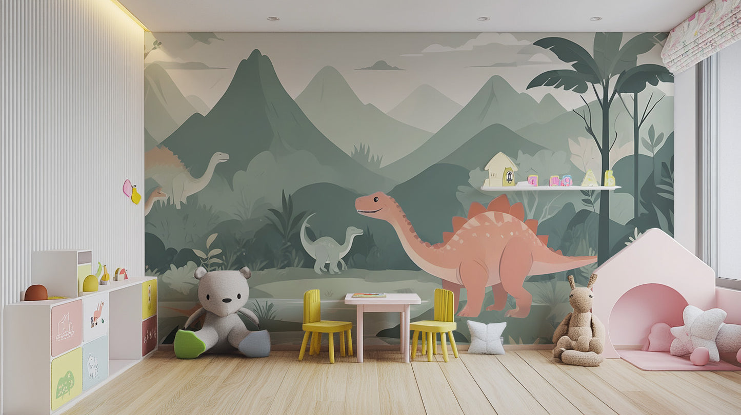 Premium Kids Dinosaur wall Mural in a playroom with a pink play tent for a magical adventure.