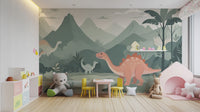 Premium Kids Dinosaur wall Mural in a playroom with a pink play tent for a magical adventure.