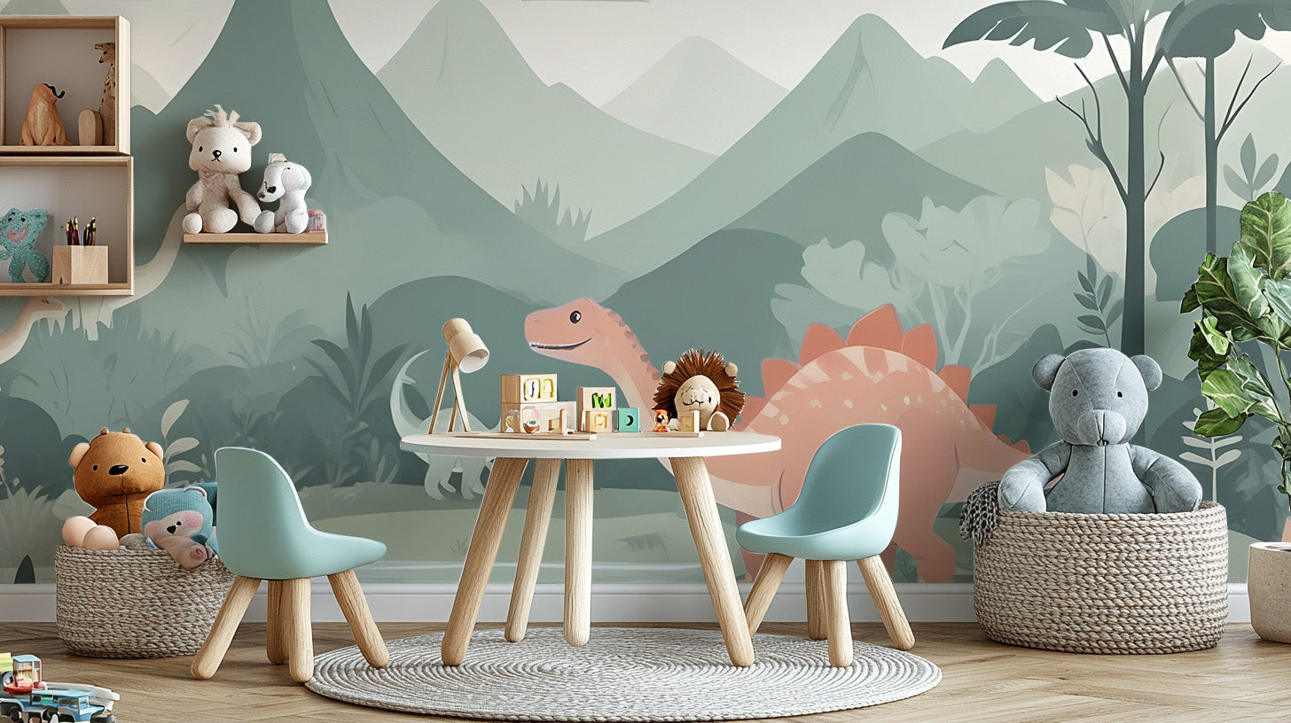 Peel and stick Kids Dinosaur wall Mural in a playroom with blue chairs and a white table.