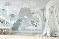Dinosaur World Kids wallpaper mural styled along a hallway feature wall near a console in gray tones