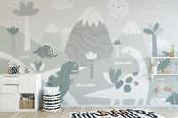 Dinosaur World Kids wallpaper mural as a feature wall in a home office workspace in gray tones