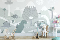 Dinosaur World Kids wallpaper mural as a bedroom feature wall behind the headboard in gray tones
