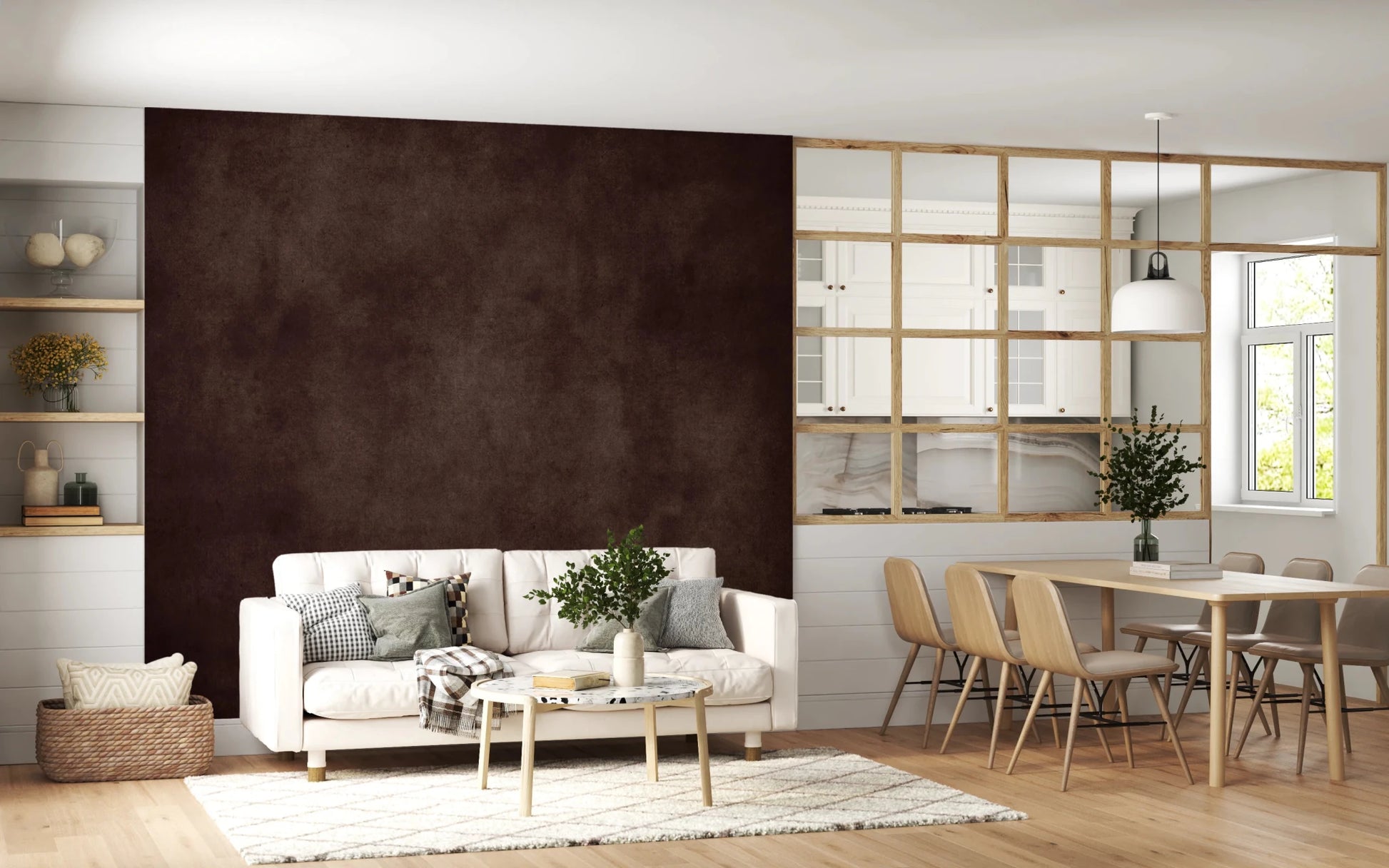 Dirty Paper Cognac wall mural in rich brown behind a cream sofa beside an open dining area with wood table