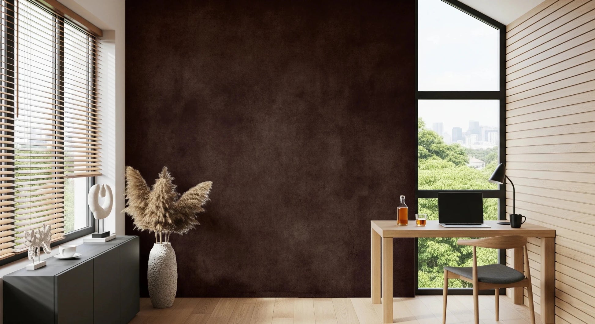 Dirty Paper Cognac wall mural in a home office with light wood desk, chair and pampas grass by a city-view window
