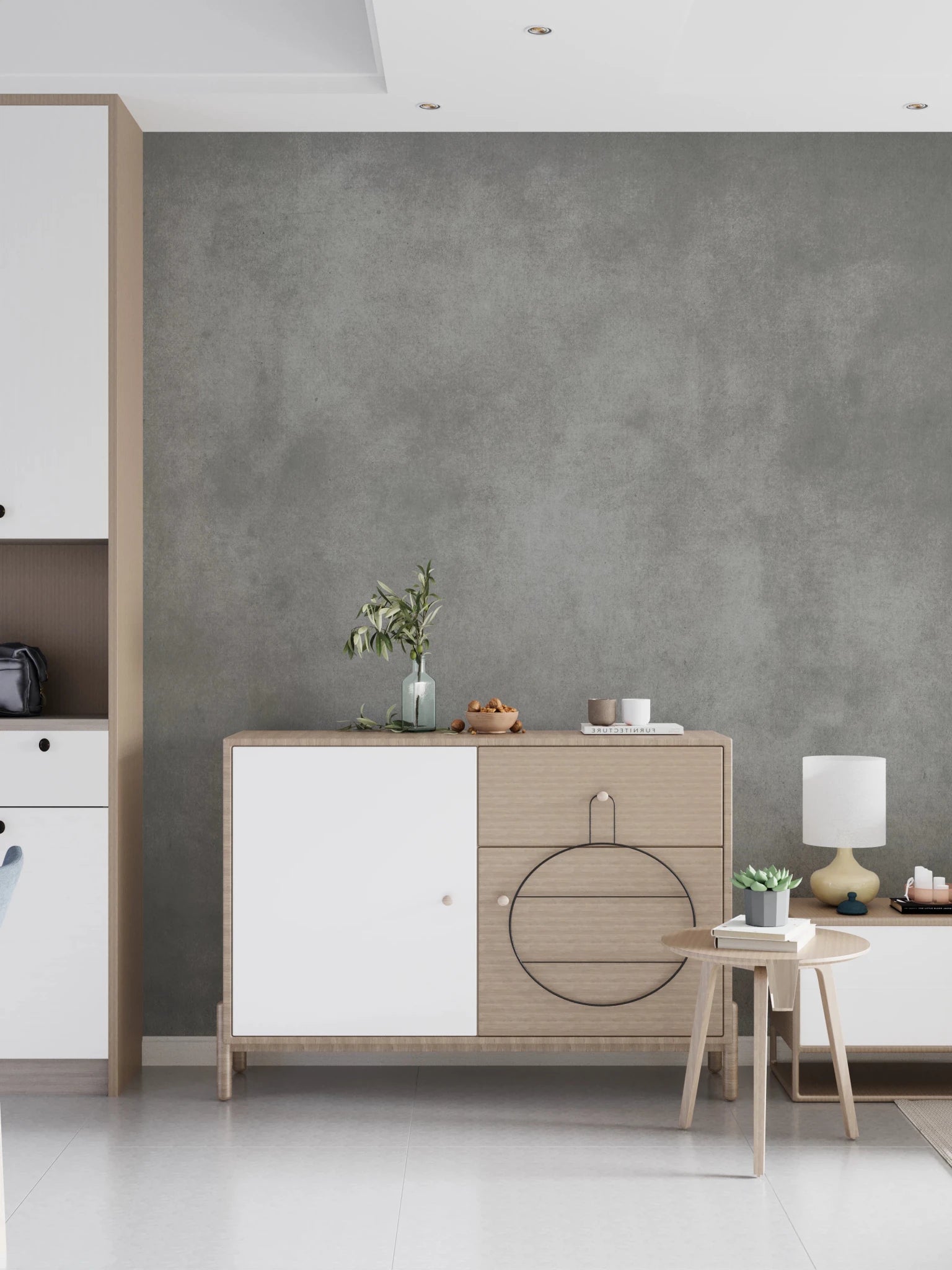 Dirty Paper greige wall mural behind a white and oak sideboard with olive sprig and lamp in a bright living room