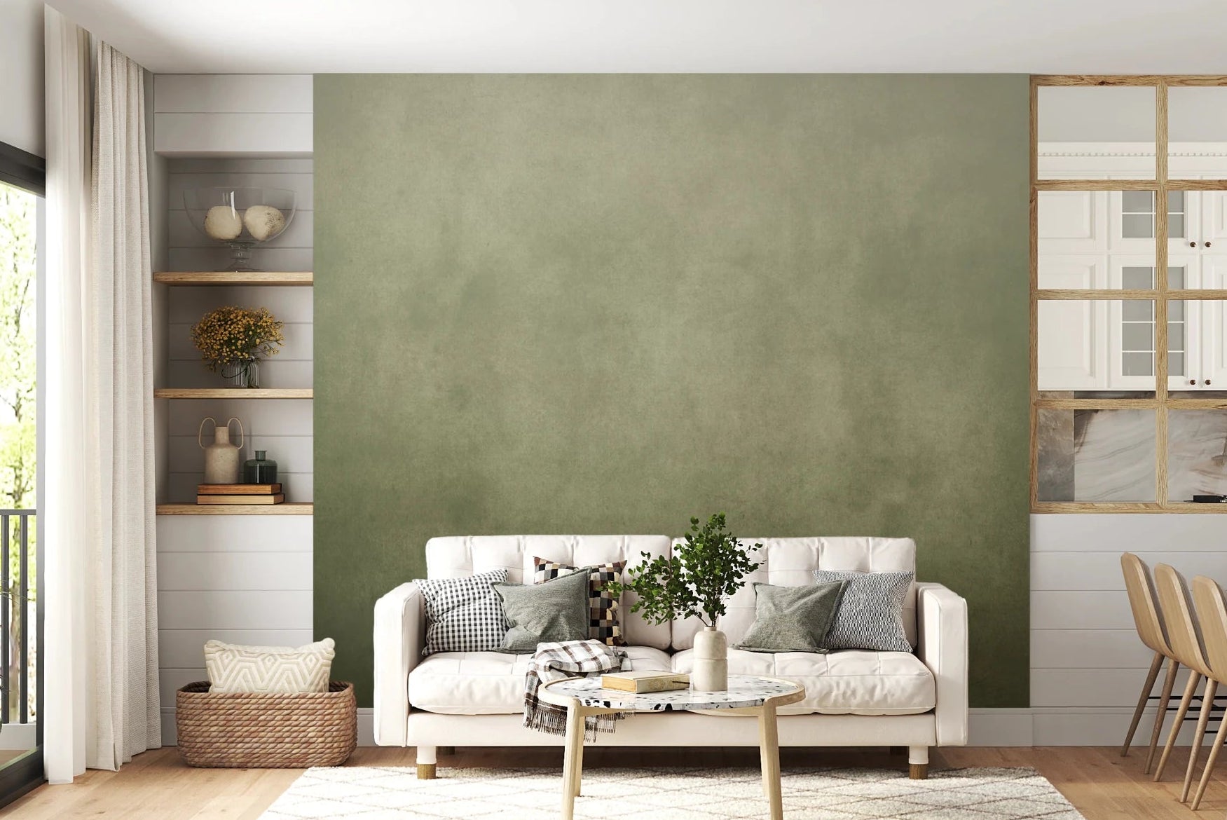 Dirty Paper - Ombre Olive wallpaper mural in sage green behind a cream tufted sofa and round marble table