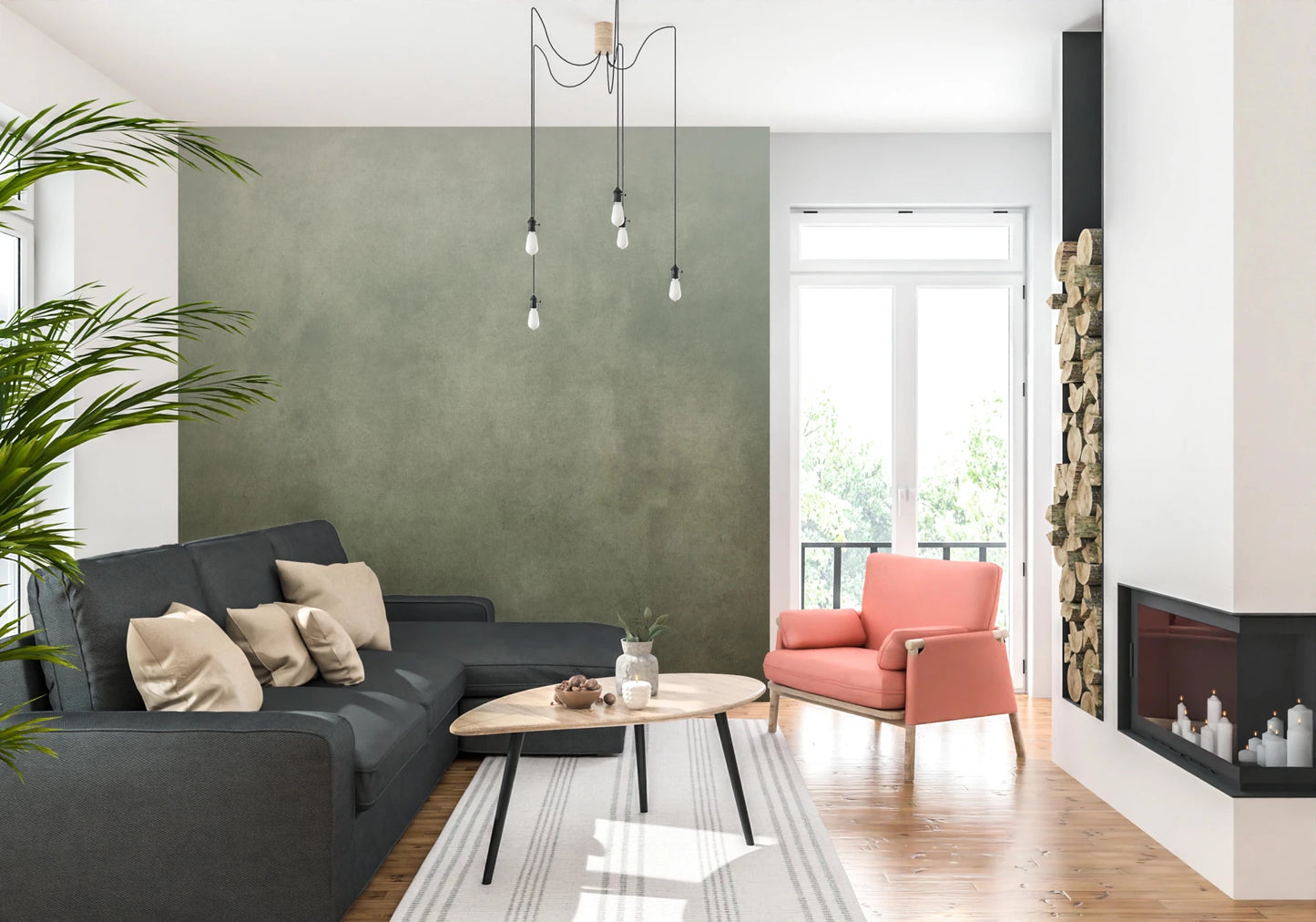 Ombre Sage wall mural in a living room with dark grey sofa, coral armchair and stacked firewood