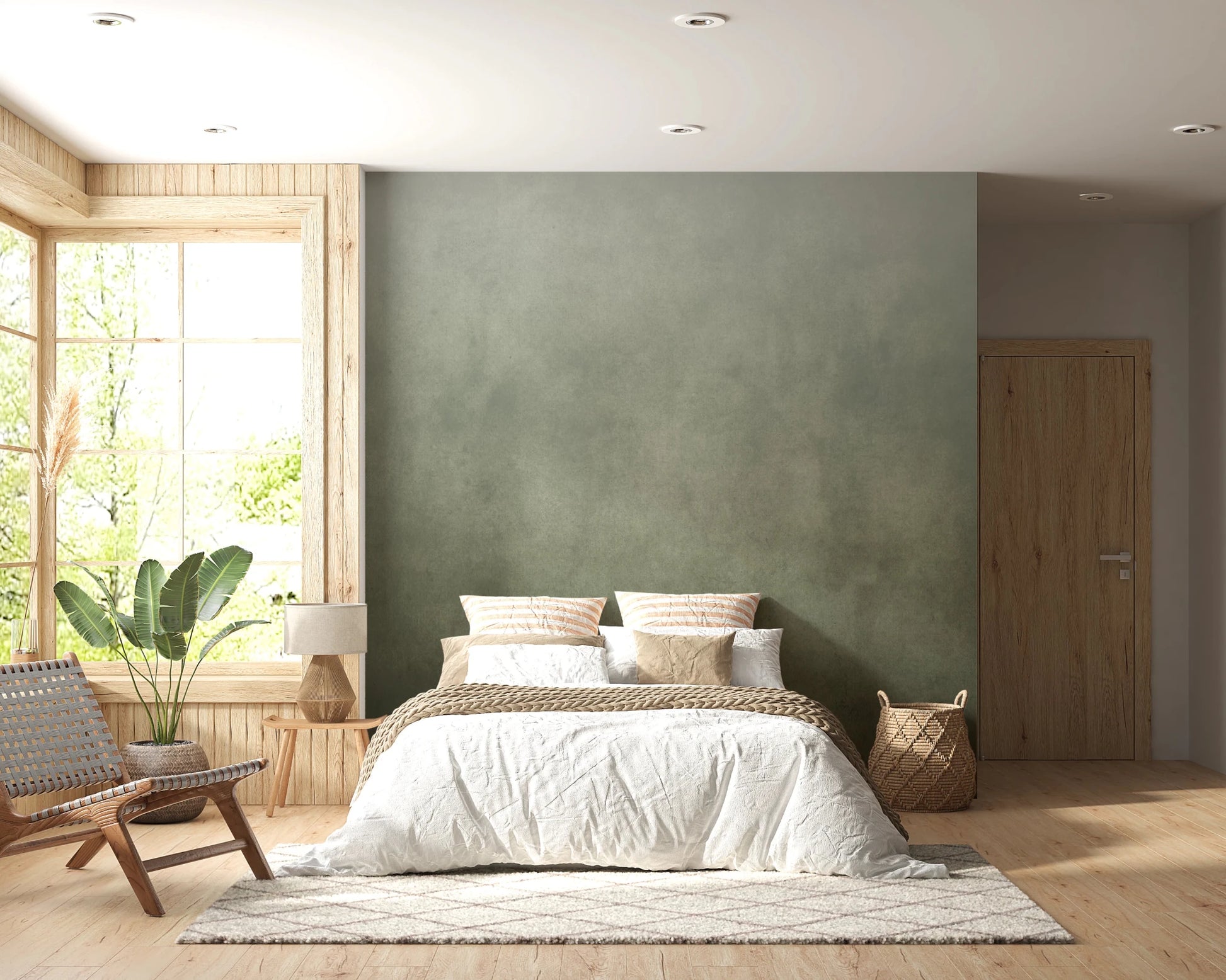 Ombre Sage wall mural behind a white bed with beige pillows in a wood-trimmed bedroom with woven chair