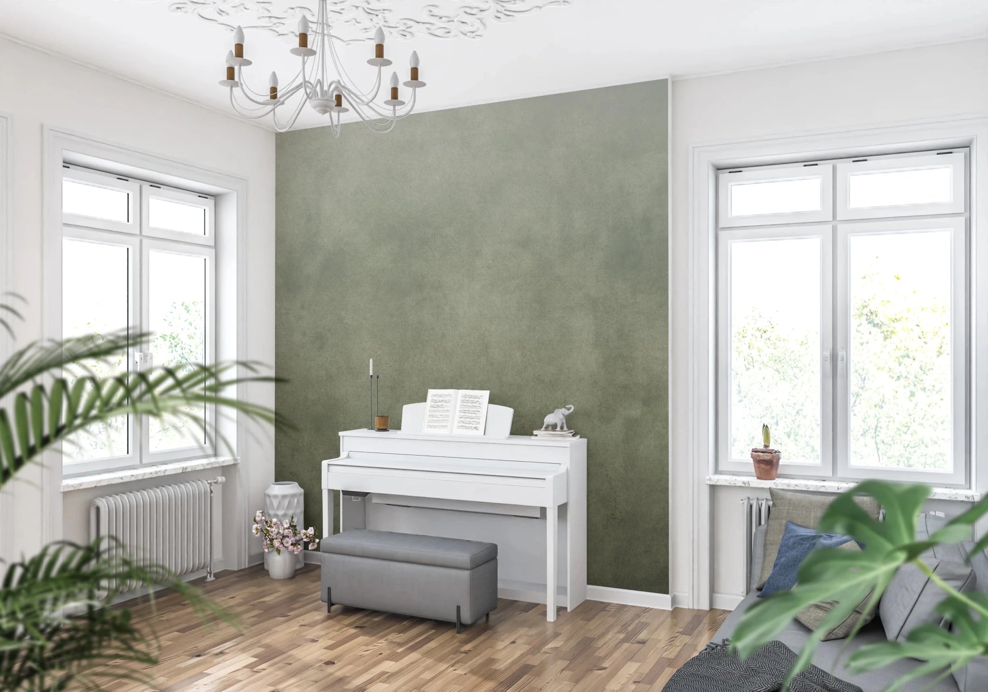 Ombre Sage wall mural in a music room with white upright piano, grey bench and chandelier